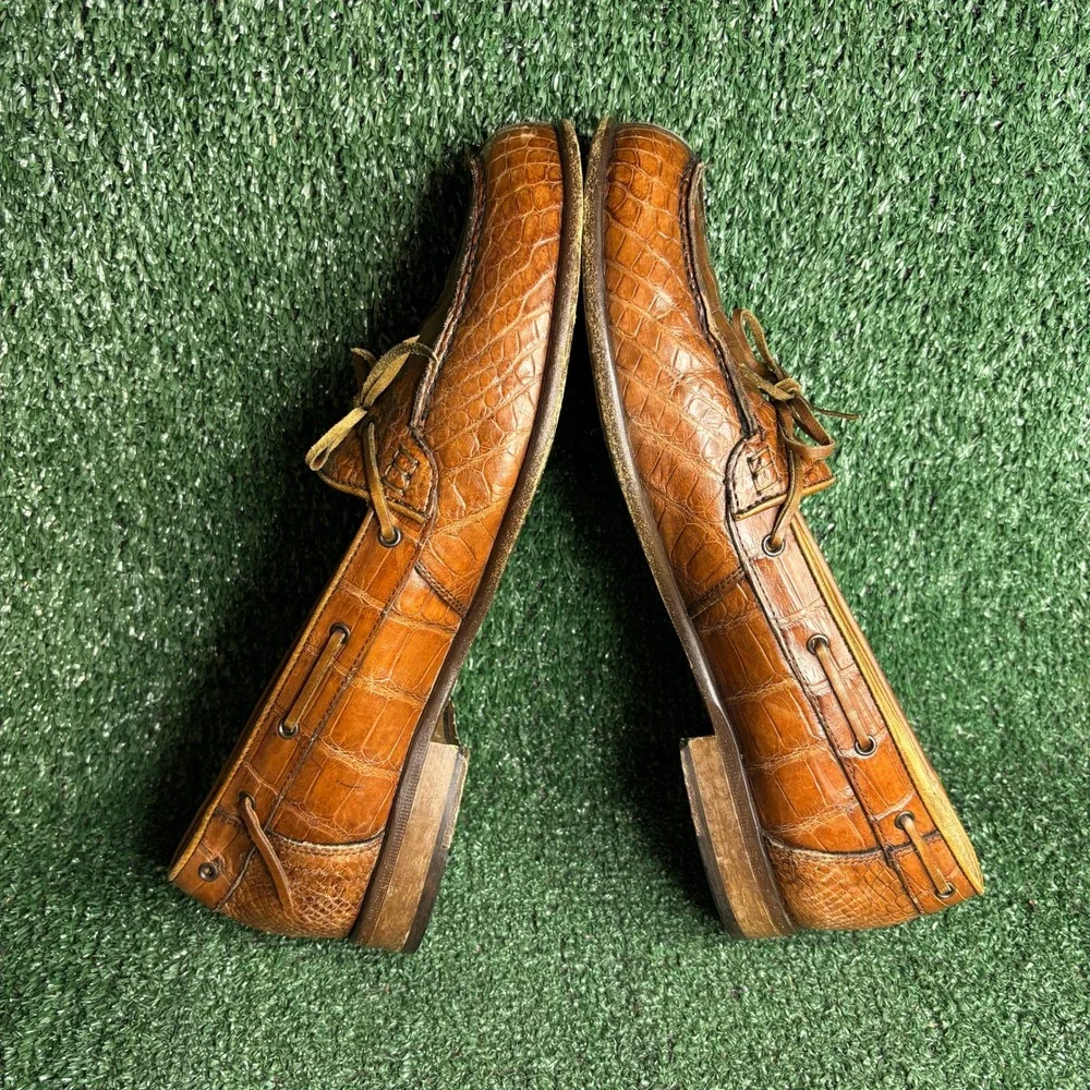 Zelli Genuine Alligator Leather Exotic Boat Style Tie Loafer Brown Men 11.5 Wide